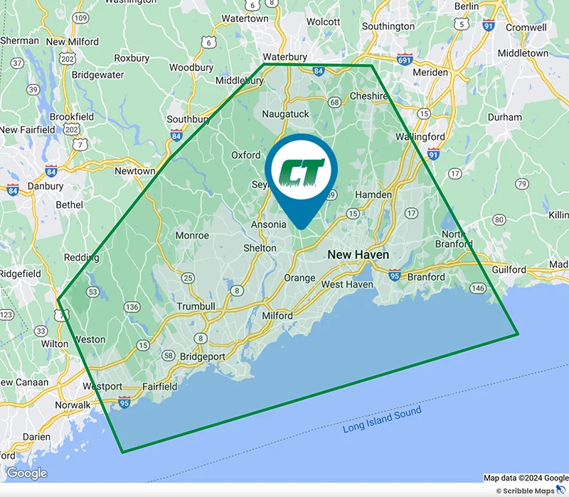 CT Turf Specialists Service Area Map Ansonia, CT 