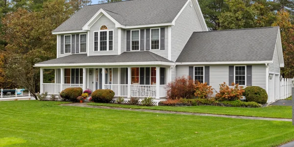 two story home with healthy front lawn