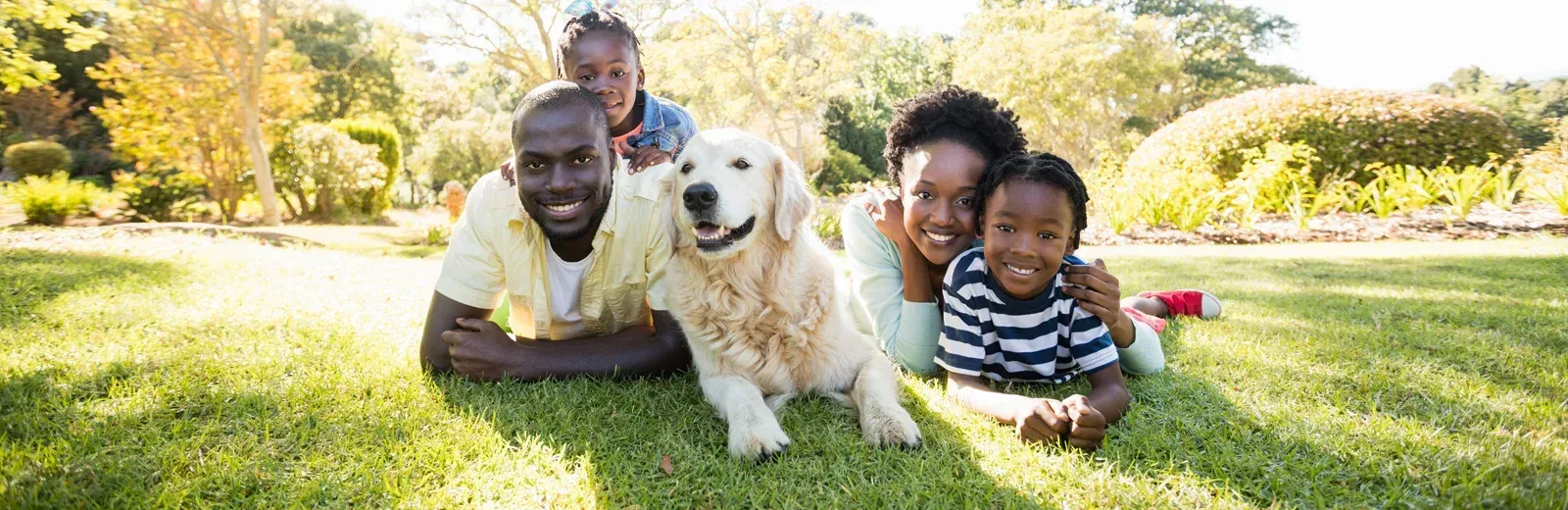 family laying on lawn